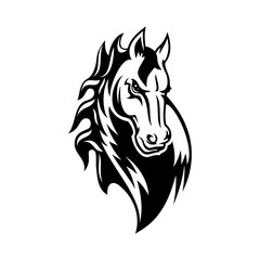 Horse or mustang animal isolated icon, tribal tattoo and equestrian sport mascot design. Black and white stallion or mare horse head with angry muzzle and curly mane - obrazy, fototapety, plakaty