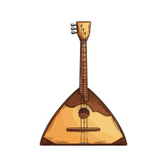 Russian balalaika isolated folk musical instrument. Vector retro folk music guitar, stringed tool - obrazy, fototapety, plakaty