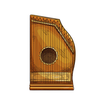 Zither musical instrument isolated sketch. Vector retro chord zither, stringed wooden object