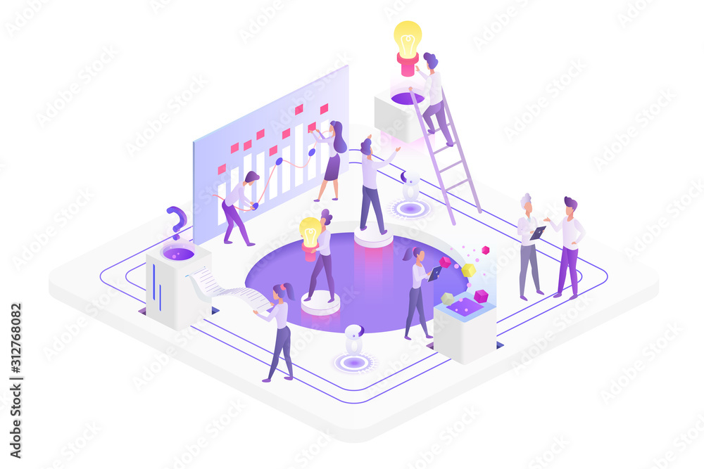 Poster team working isometric vector illustration. building new company together. corporate unity. business