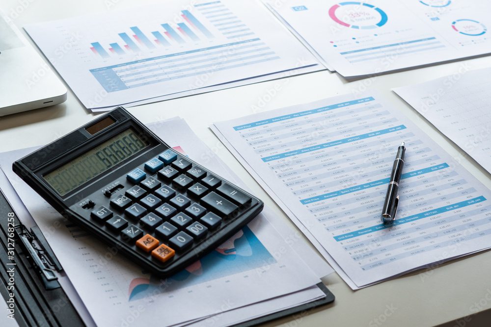 Poster businessman working calculate data document graph chart report marketing research development planni