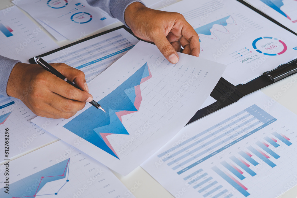 Poster businessman working calculate data document graph chart report marketing research development planni