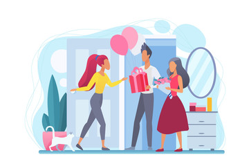 Girl greets guests flat vector illustration. Birthday party at home. People with presents. Hospitality, housewarming celebration. Hosting holiday event indoors. Friends cartoon characters