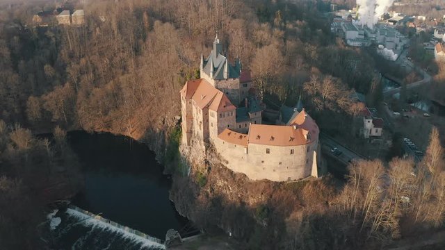 Top panoramic view over an old castle Kriebstein on the hill in the old town of Waldheim, Saxony, Germany by the Zschope river near Dresden