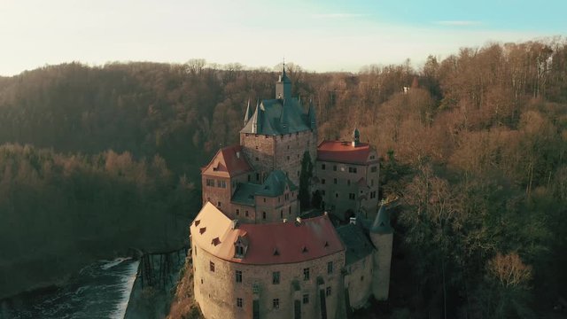 Top panoramic view over an old castle Kriebstein on the hill in the old town of Waldheim, Saxony, Germany by the Zschope river near Dresden