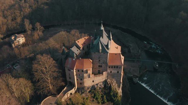 Top panoramic view over an old castle Kriebstein on the hill in the old town of Waldheim, Saxony, Germany by the Zschope river near Dresden