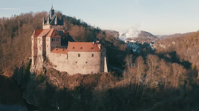 Top panoramic view over an old castle Kriebstein on the hill in the old town of Waldheim, Saxony, Germany by the Zschope river near Dresden