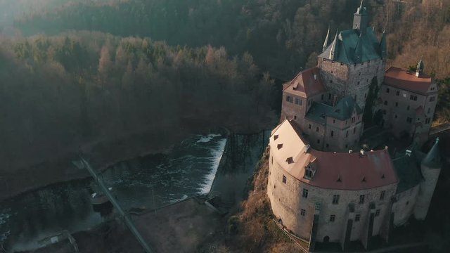 Top panoramic view over an old castle Kriebstein on the hill in the old town of Waldheim, Saxony, Germany by the Zschope river near Dresden