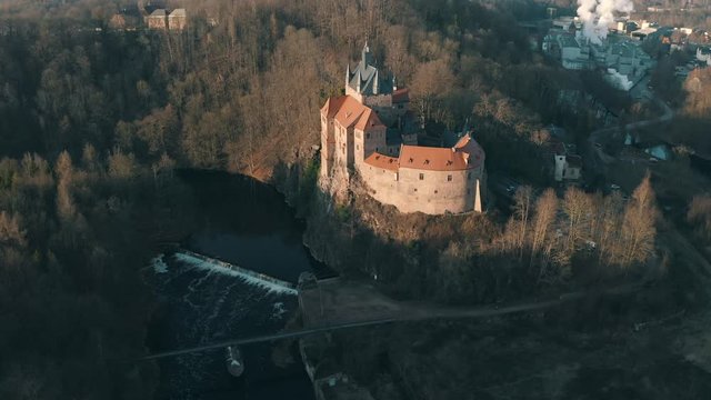 Top panoramic view over an old castle Kriebstein on the hill in the old town of Waldheim, Saxony, Germany by the Zschope river near Dresden