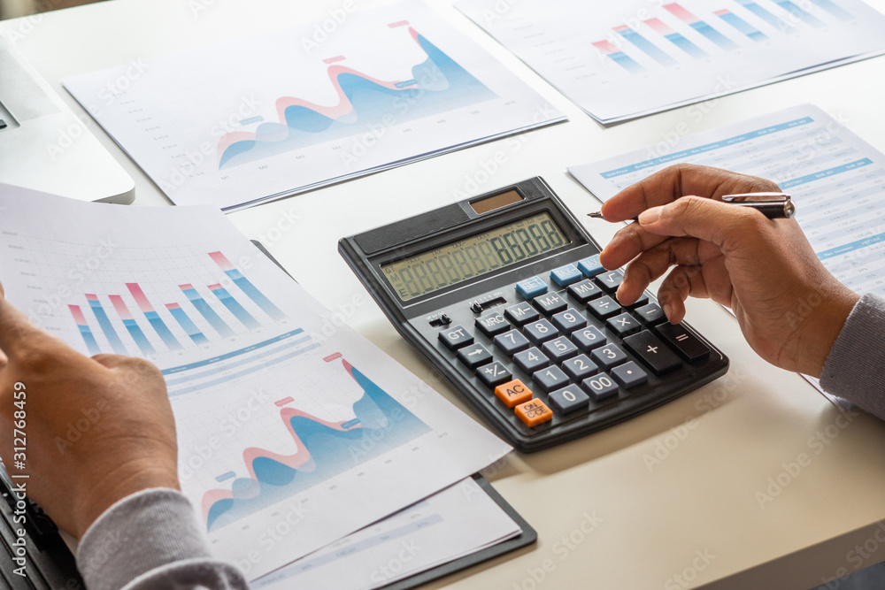 Poster businessman working calculate data document graph chart report marketing research development planni