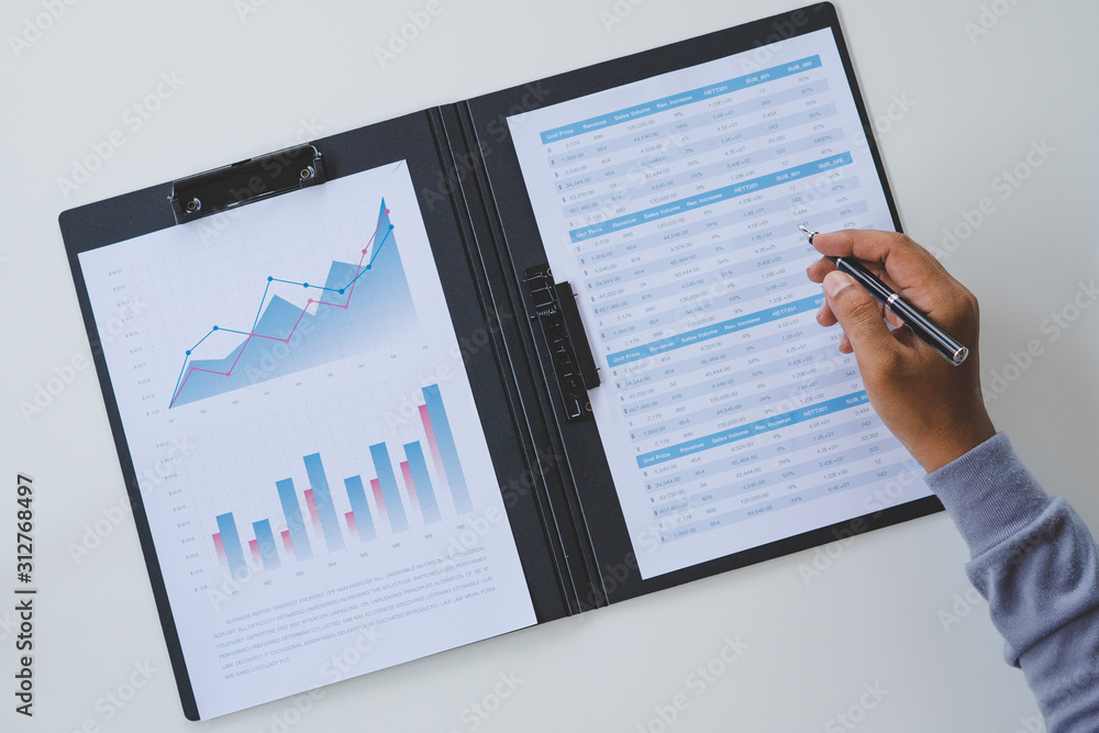 Poster businessman working calculate data document graph chart report marketing research development planni