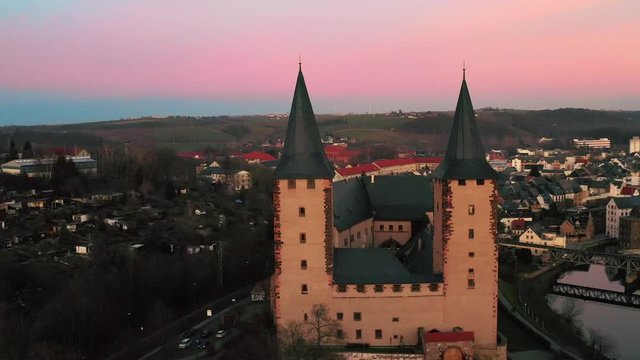 Top panoramic view over an old castle Rochlitz on the hill in the old town of Rochlitz, Saxony, Germany by the Zwickau Mulde river near Chemnitz
