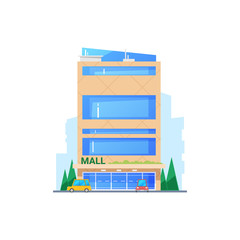 Mall building, modern construction with glass facade isolated. Vector business center, car parking and trees