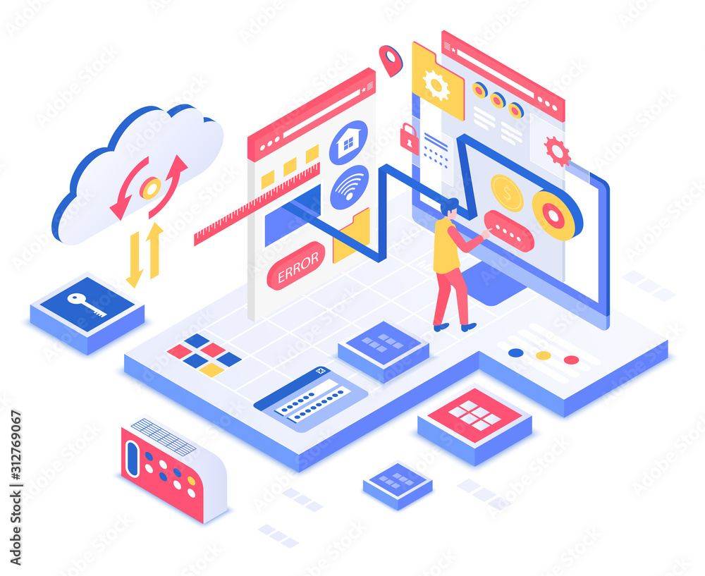 Poster seo isometric vector illustration. search engine optimization service. business, marketing. data ana