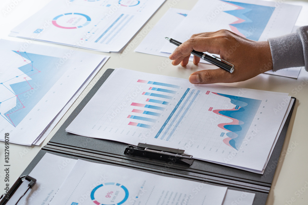 Poster businessman working calculate data document graph chart report marketing research development planni