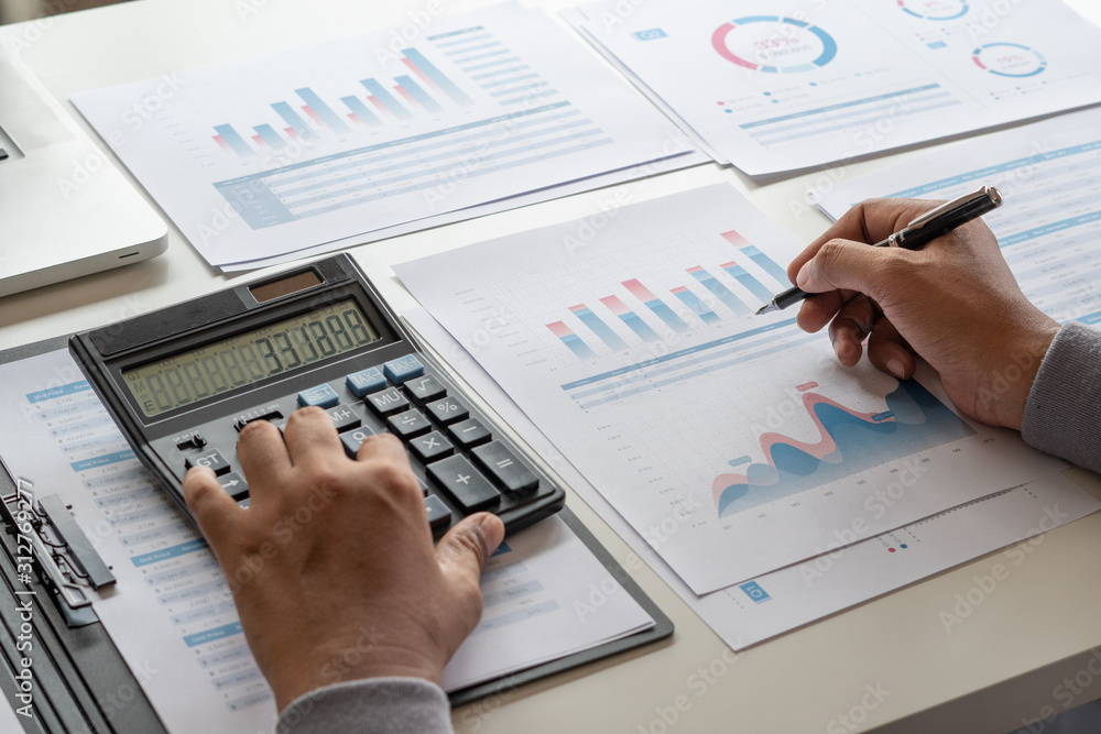 Poster businessman working calculate data document graph chart report marketing research development planni