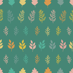 Seamless pattern with multicolored leaves and branches. Cartoon kids background, vector art.