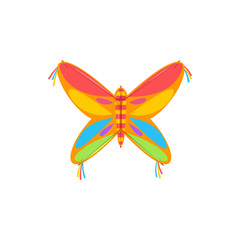 Fototapeta premium Kites in shape of bird, fish or insects, entertainment and active pastime. Vector toy of paper or fabric, butterfly and dragonfly, ladybug. Flying object, childish game, summer festival, isolated