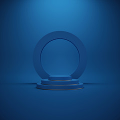 3d render. Abstract geometric background. Blank round frame, cylinder steps, empty podium, vacant pedestal, minimal stage, showcase. Modern concept, copy space. Classic blue color of the year 2020