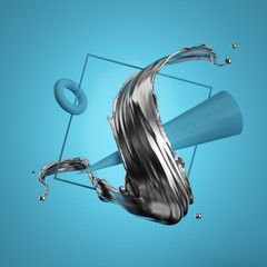 3d render. Abstract modern minimal design. Silver splashing, liquid metal, quicksilver splash, geometric primitives, cone, isolated on blue background. Flying objects, levitation concept. Digital art