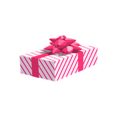 Packed gift box, decorated by pink bow, rectangular wrapped package, vector icon isolated
