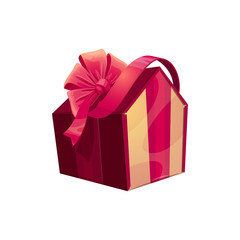 Present in shape of house, holiday surprise icon. Gift box with satin bow vector isolated
