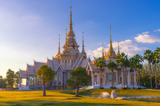 Buddhist temple with reflection  landmark of Nakhon Ratchasima Province, Thailand.