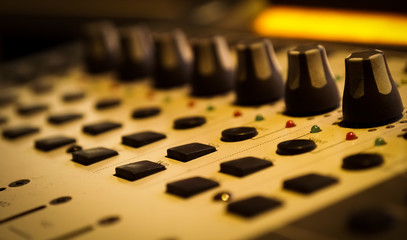 Sound control panel In the professional recording room,close-up