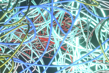 Abstract, messy colorful string neon grow lights. Wallpaper for graphic design. 3D render.