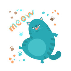 Cunning striped cat spread its legs to the sides, handwritten lettering meow, in cartoon style, doodle for children's textiles, t-shirts or postcards.
