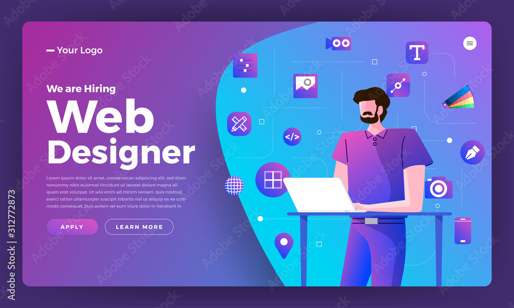 Poster flat design concept we are hiring web designer. landing page template design for hiring web design p
