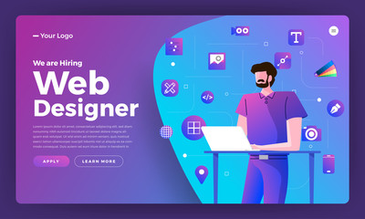 Flat design concept we are hiring web designer. Landing page template design for hiring web design people. Vector illustrations.