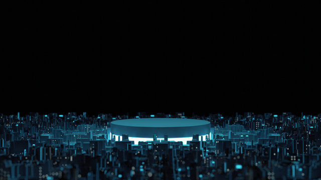 3D Rendering of glowing blue futuristic podium on abstract sci fi technology floor. Blank pedestal for product display. Background for technology product, big data, computer hardware, ai, crypto