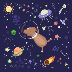 Animals travel in space, dog in the open spaces. Doodle in cartoon style, flat vector illustration. Children textile.