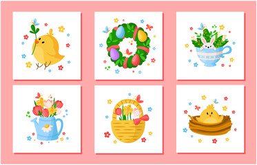 Cartoon Easter Day spring flowers set - tulips, daffodil, narcissus, chiken, willow branch, floral wreath, rabbit, ready vector greeting cards or posters set, holiday decor