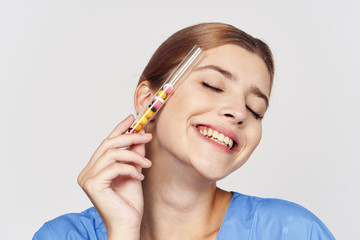 Obraz premium portrait of young woman with brush for makeup