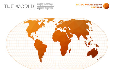 Abstract geometric world map. Wagner IV projection of the world. Yellow Orange Brown colored polygons. Stylish vector illustration.