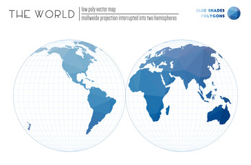 Polygonal map of the world. Mollweide projection interrupted into two hemispheres of the world. Blue Shades colored polygons. Energetic vector illustration.