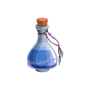 Mysterious Halloween witch potion isolated bottle with blue elixir and feathers. Vector liquid in glass jar