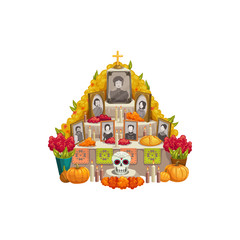 Fototapeta premium Dia de los muertos altar with offerings to Day of Dead isolated. Vector family photos, pumpkins and flowers
