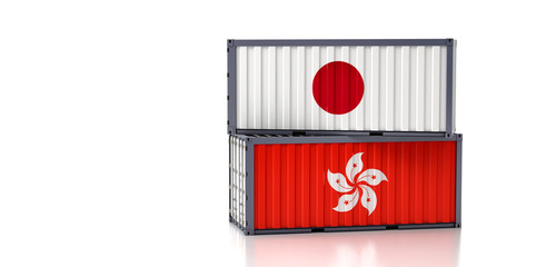 Freight container with Japan and Hong Kong flag. 3D Rendering
