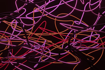 Background abstract, messy colorful string neon grow lights for design, graphic resource. 3D render.