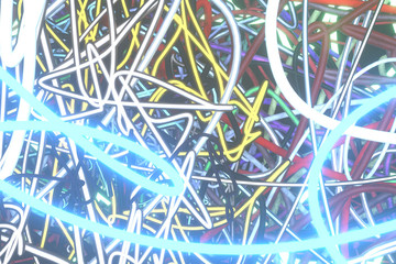 Messy colorful string neon grow lights. For graphic design or background. 3D render.