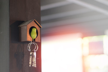 Home insurance concept. Keys for house property on bird keychain hanging on wall with copyspace