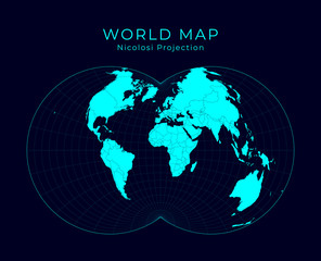 Map of The World. Nicolosi globular projection. Futuristic Infographic world illustration. Bright cyan colors on dark background. Creative vector illustration.