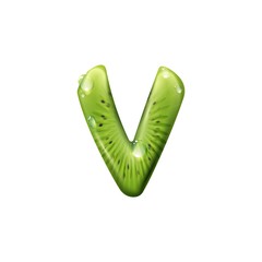 V letter of kiwi fruit isolated ABC symbol. Vector exotic summer fruit with water drops
