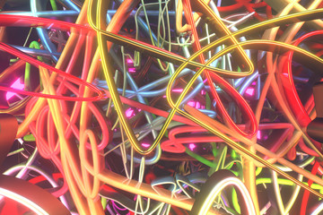 Background abstract, messy colorful string neon grow lights for design, graphic resource. 3D render.