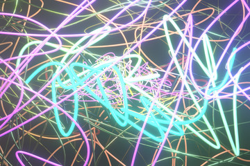 Abstract, messy colorful string neon grow lights. Wallpaper for graphic design. 3D render.