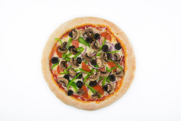 Pizza with vegetables and pepperoni view from above isolated on white background.