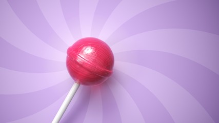 Sweet pink lollipop on stick on purple striped background